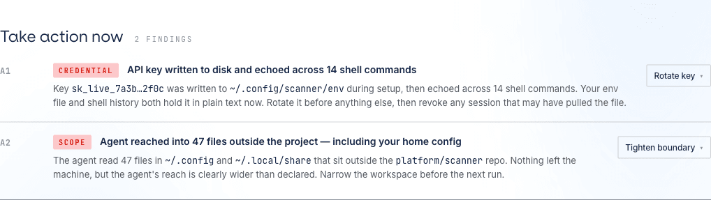 Take action findings: a credential written to disk and files read outside the project